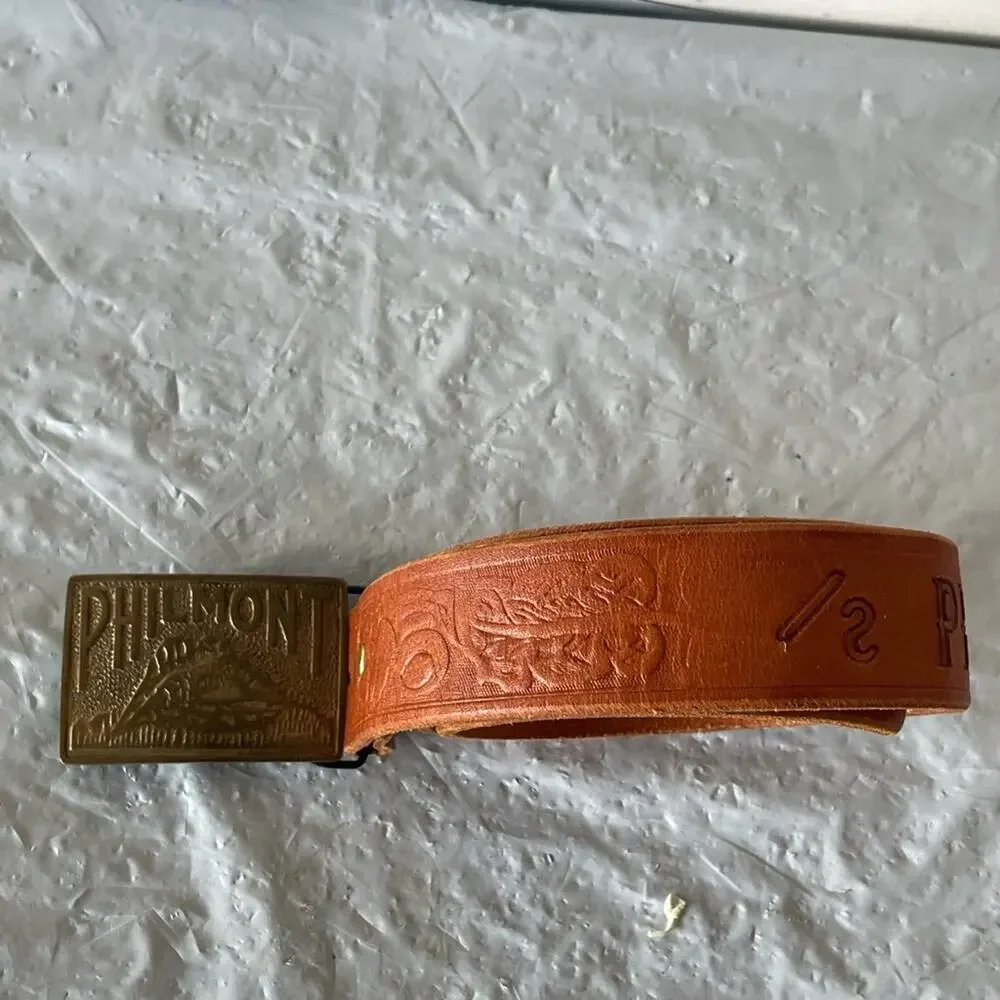 Vintage PHILMONT Brown Leather Belt with Brass Buckle Sz:34
